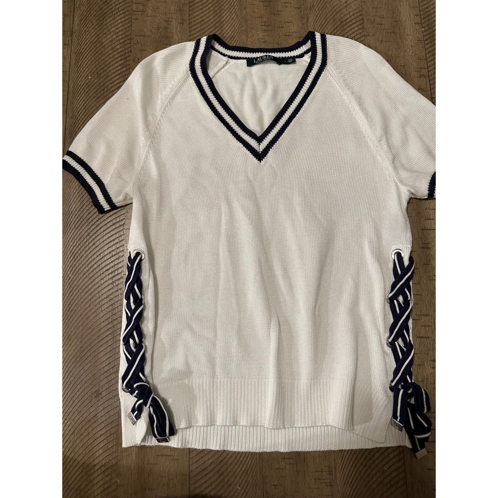 Lauren Ralph Lauren Short Sleeve V-Neck Tennis Sweater Lace-Up Sides White Navy